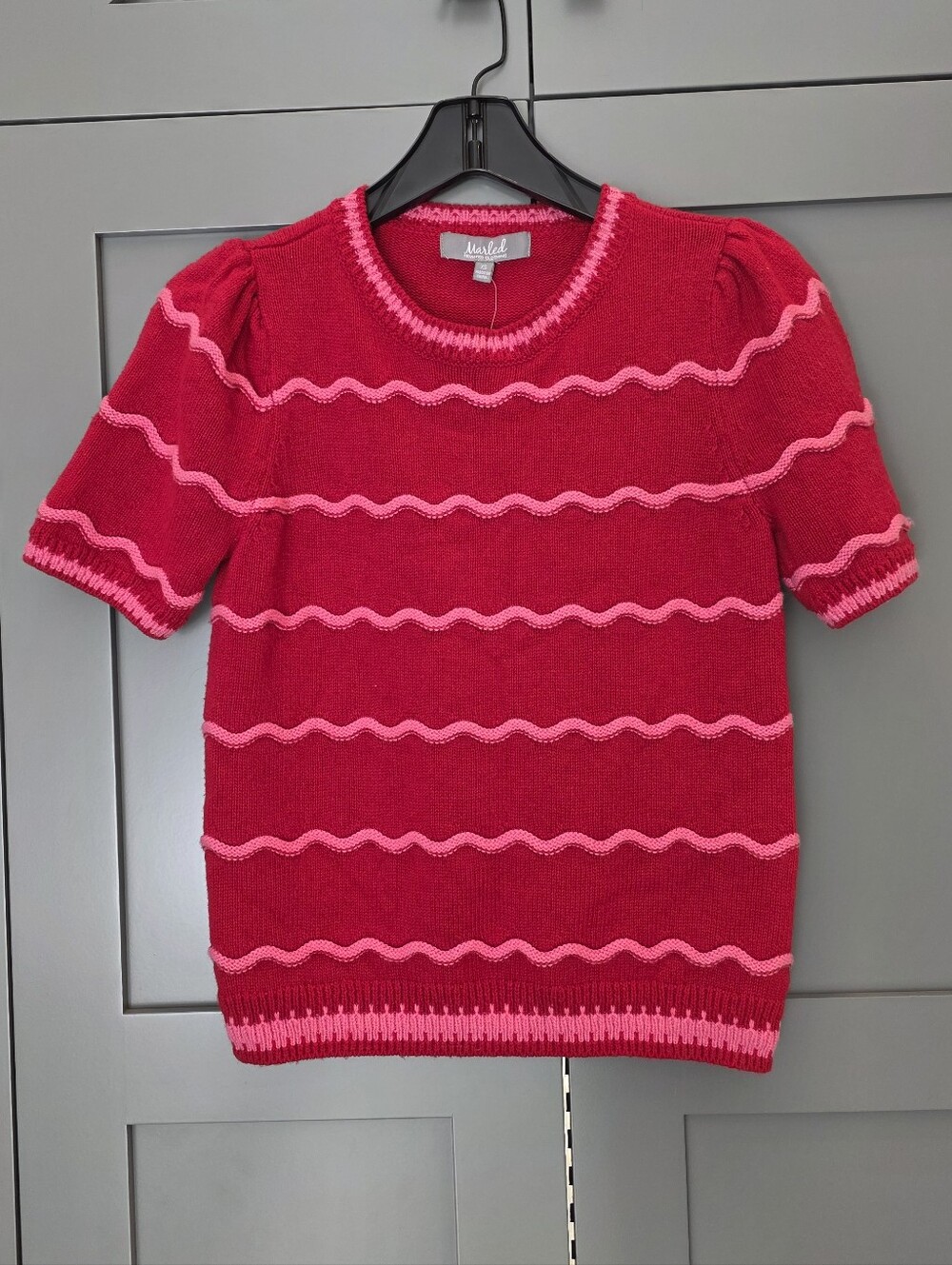 Marled Reunited Clothing XS Retro Puff Sleeve Sweater Red Pink Holiday Girly NEW